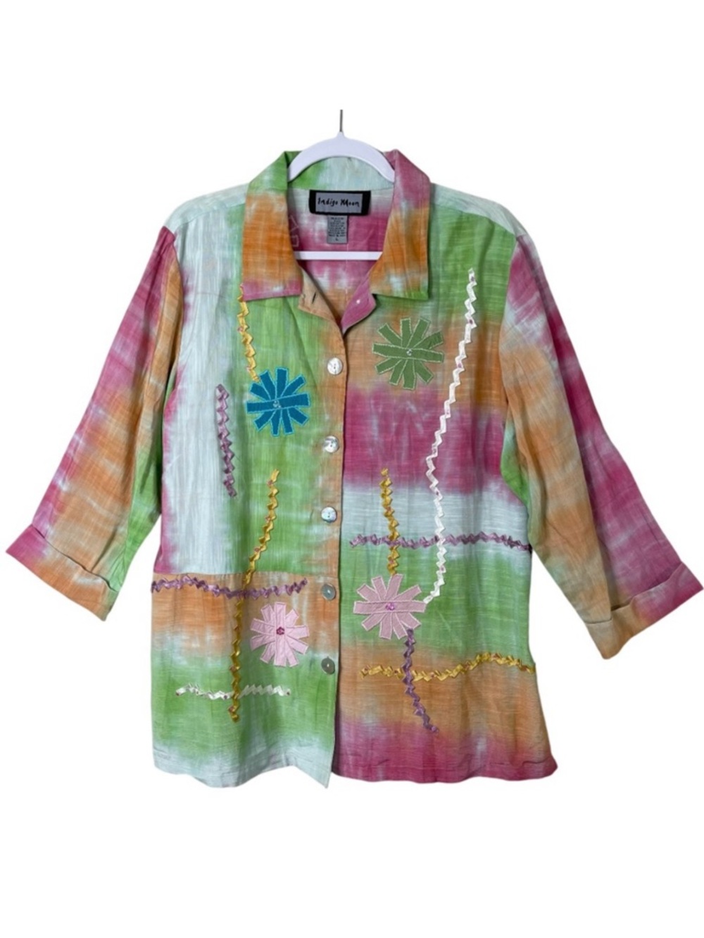 Indigo Moon Colorful Appliqué Button Up Shirt Lightweight Artsy Pastel Size L